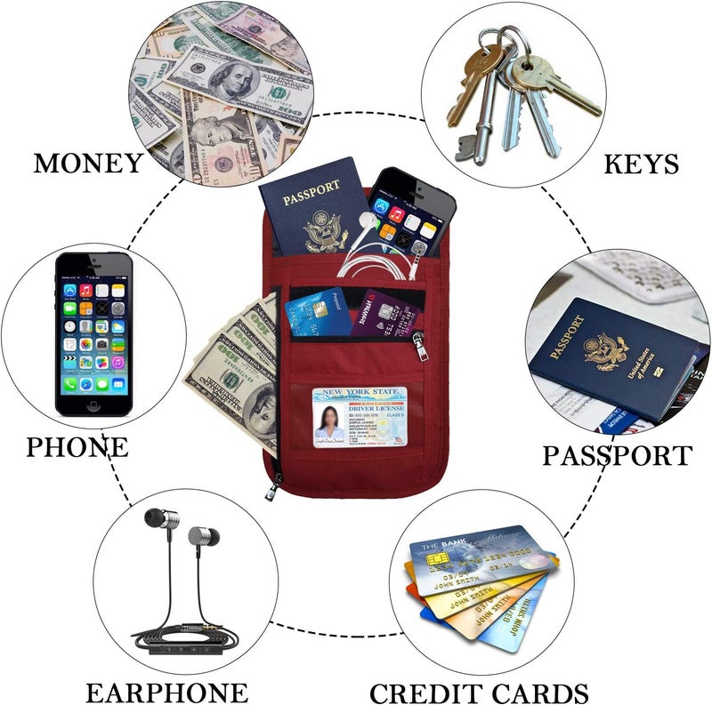 OMYSTYLE Neck Wallet, RFID Passport Holder for Travel, Adjustable Neck Strap, Waterproof Neck Pouch for Men & Women to Keep Cash, Credit Cards and Documents Safe, Red (8x6) - Image 5